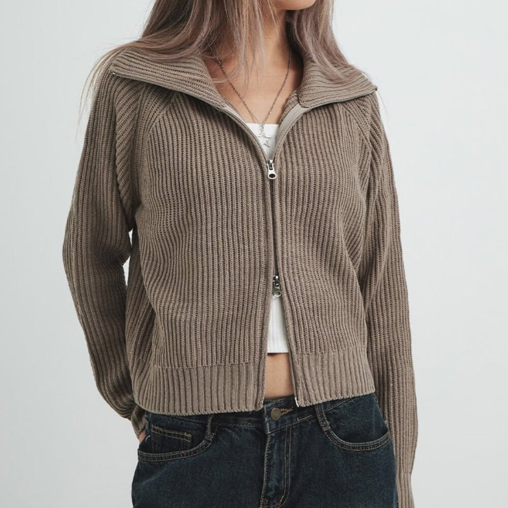 Lewkin Ribbed Zip-Up Knit Cardigan Taupe Size S/M